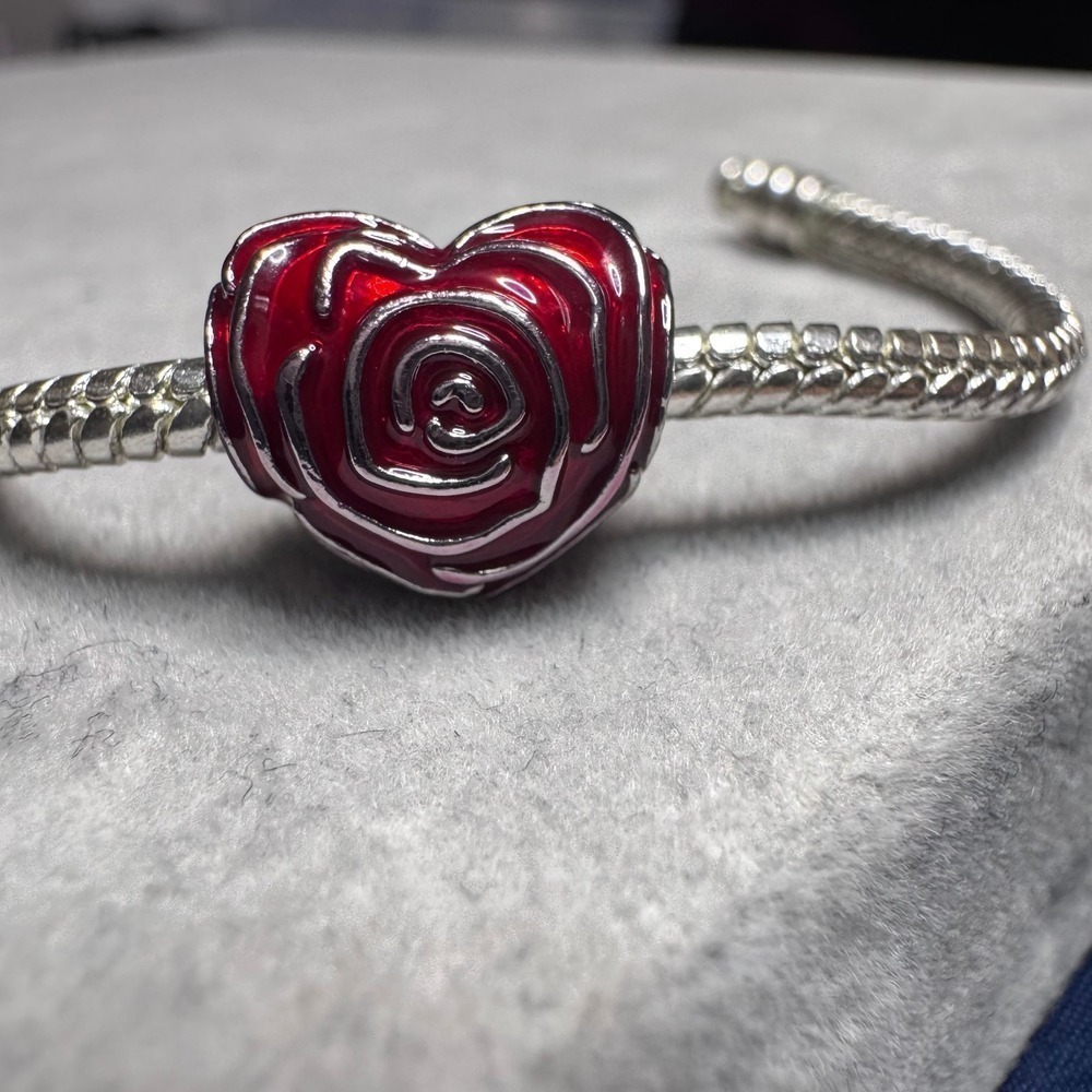 Heart Rose Charm Bead Red Enamel Silver Tone fits Pandora - Picture 7 of 11